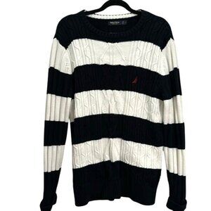 Nautica Mens Striped Cable Knit Sweater L Black & White Cotton